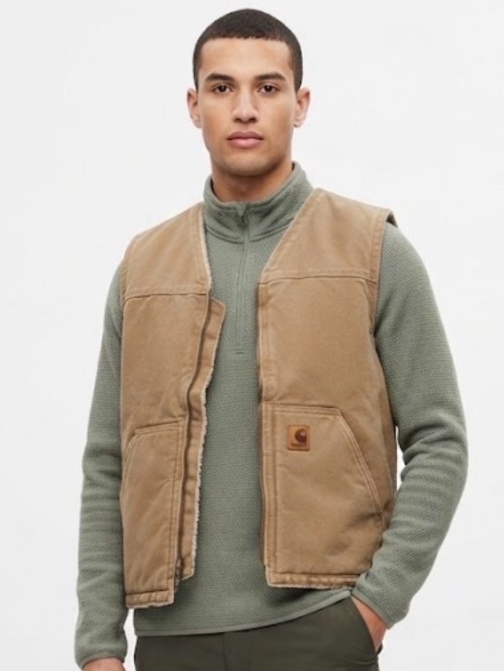 Vintage Carhartt V26 FRB Sandstone Duck Sherpa Lined Work Vest Brown Size L